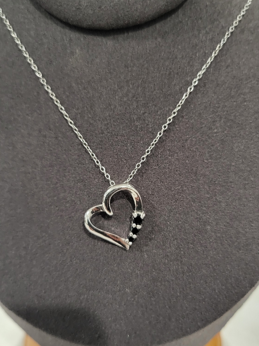 Brand New Sterling 925 Silver Heart Pendant Necklace with Black Spinel Stones